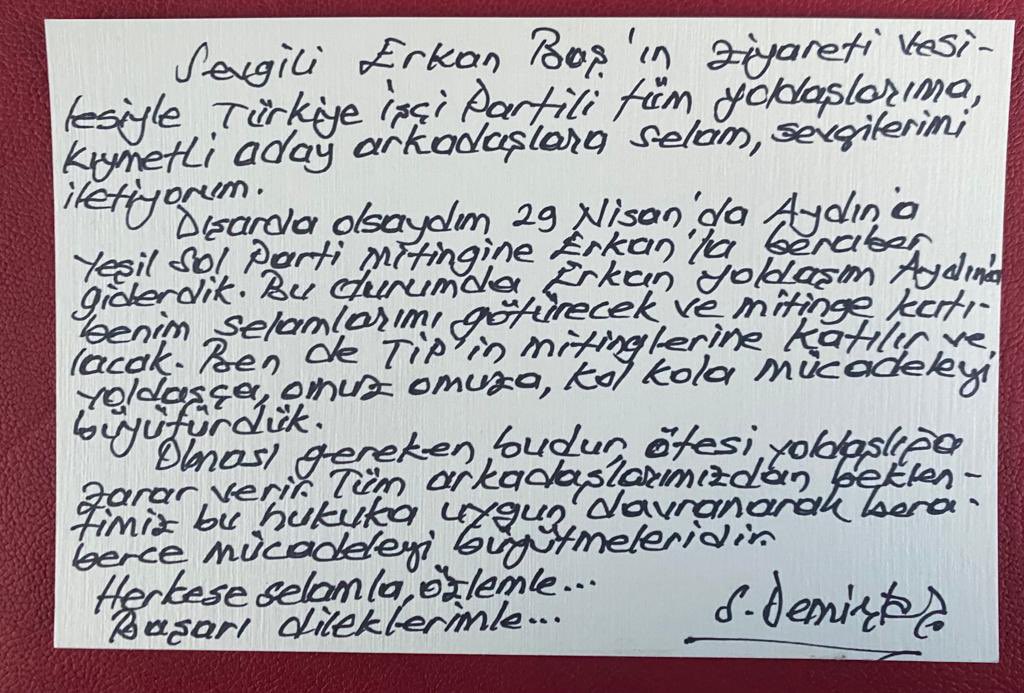 Erkan Baş, Selahattin Demirtaş’ın mektubunu paylaştı