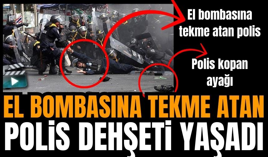 El bombasına tekme atan polis dehşeti yaşadı!