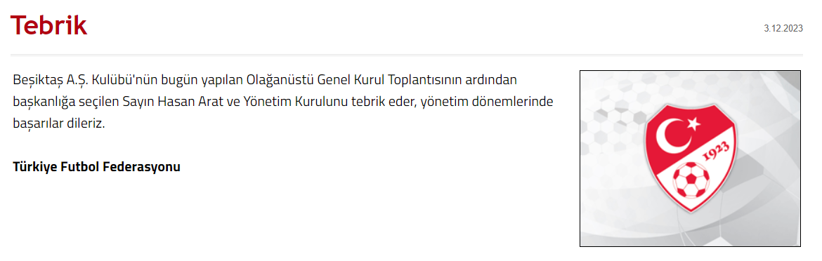 TFF Beşiktaş yeni başkanı Arat'ı tebrik etti