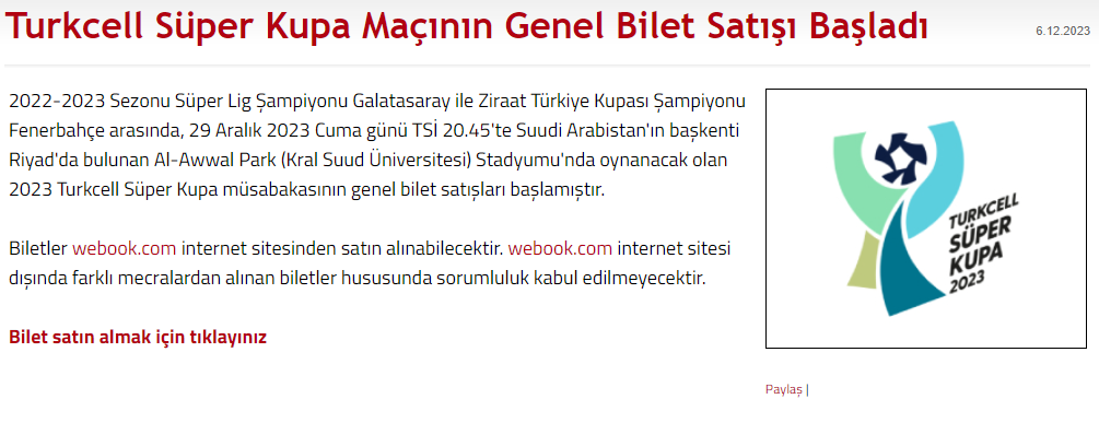 2023 Süper Kupa bilet fiyatları satışa çıktı