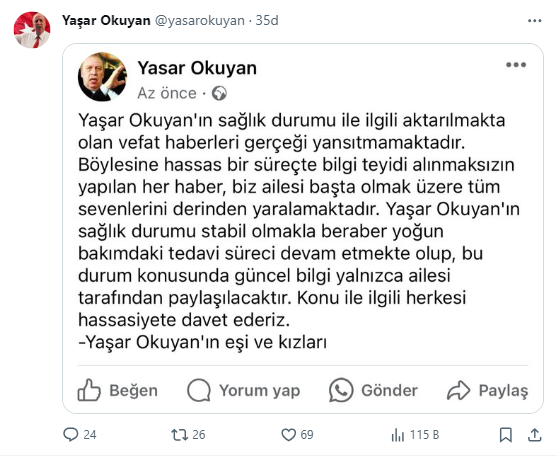 Yaşar Okuyan'ın ölüm haberi yalanlandı