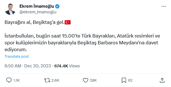 İmamoğlu Saat Verdi, Vatandaşları Bayraklarıyla Beşiktaş'a Çağırdı