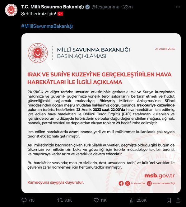 Msb Duyurdu! 'Şehitlerimiz Için' 29 Hedef Imha Edildi