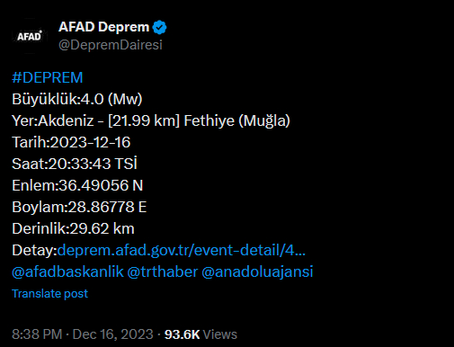 Muğla'nın Fethiye Ilçesinde Deprem!