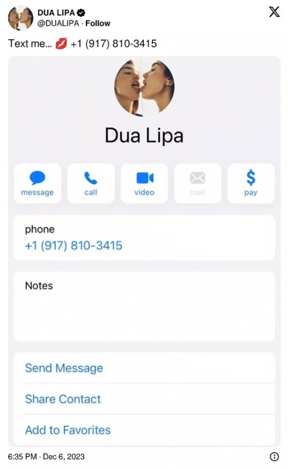 Dua Lipa telefon numarasını paylaştı!