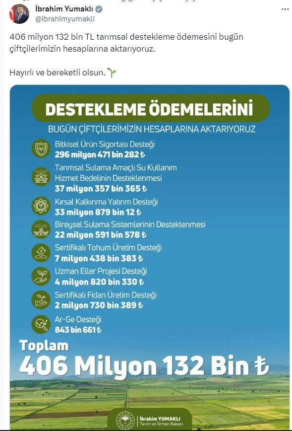 Tarım ve Orman Bakanı İbrahim Yumaklı açıkladı