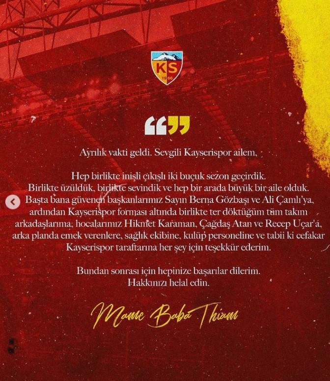 Thiam Kayserispor'a veda etti