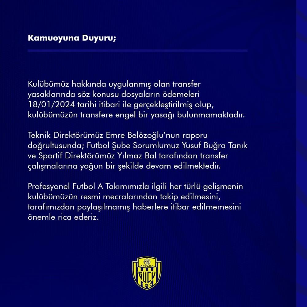 Ankaragücü transfer yasağını kaldırdı