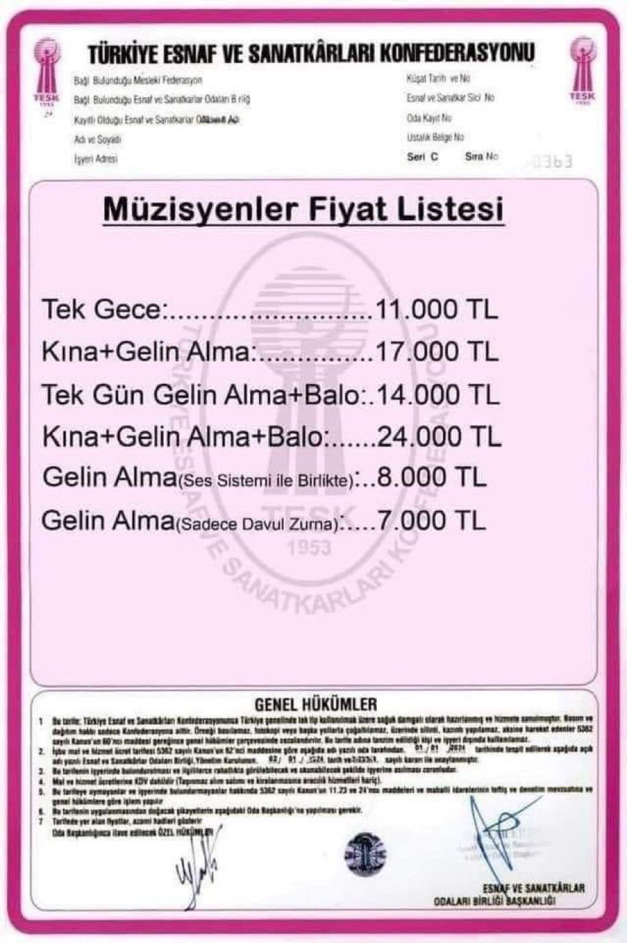 Düğün Tarifesi