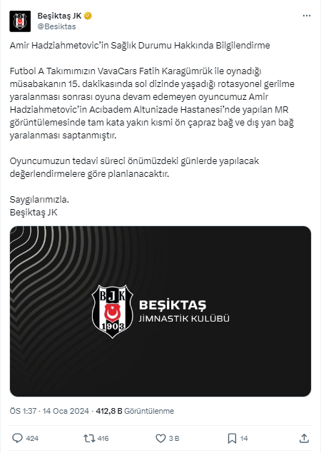 Beşiktaş Hadziahmetovic'in sağlık durumu hakkında açıklama yaptı