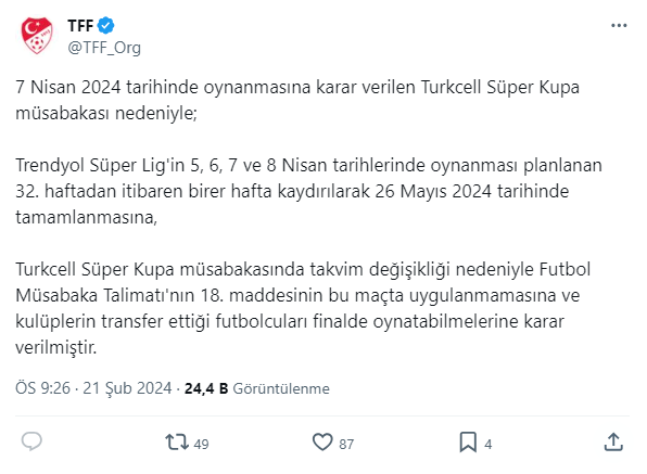 TFF Süper Lig fikstürünü güncelledi