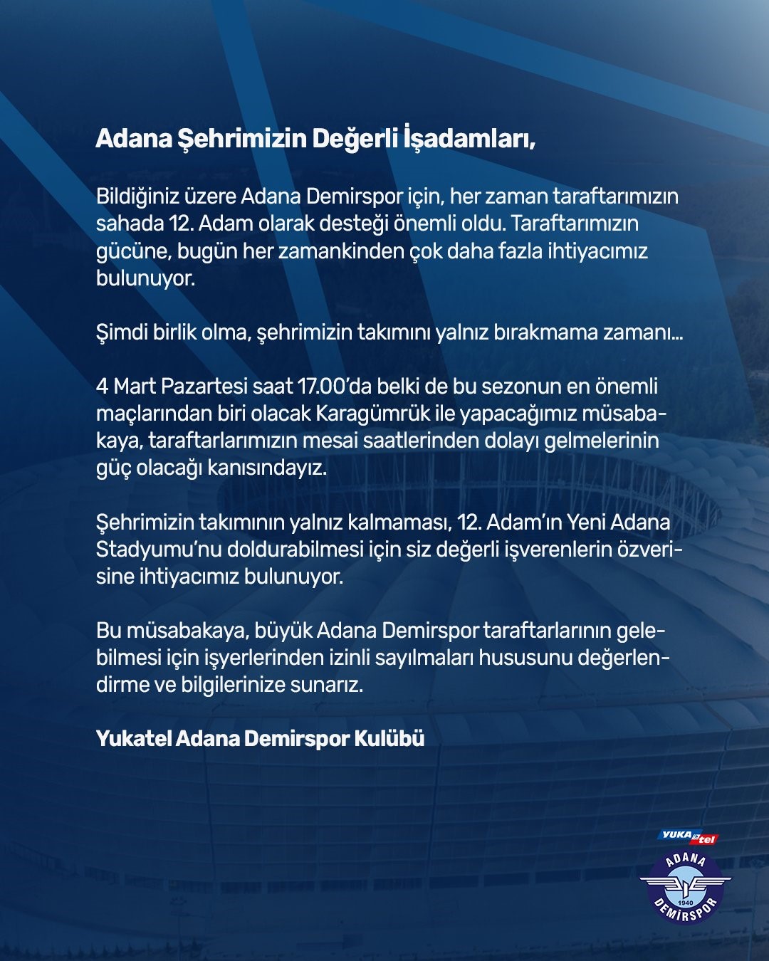 Adana Demirspor İş Verenlerden Taraftarlarına Destek Çağrısı Yaptı!