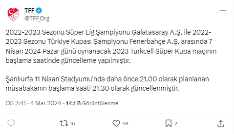 Süper Kupa maçının başlama saati değişti