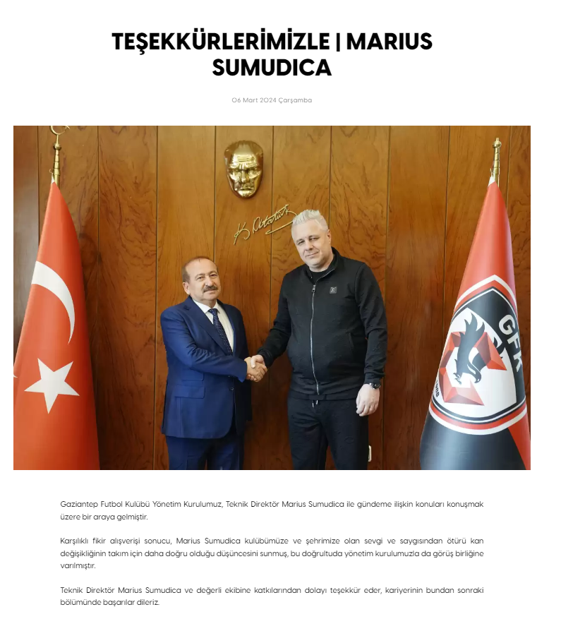 Gaziantep FK Teknik Direktör Marius Sumudica ile yollarını ayırdı