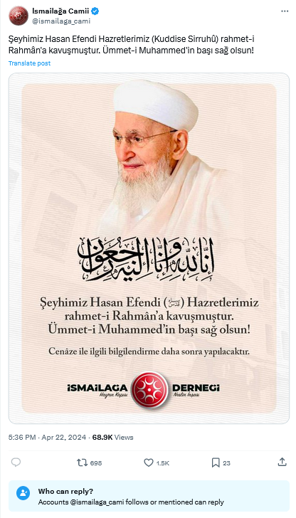 İsmailağa Camii On X Şeyhimiz Hasan Efendi Hazretlerimiz (Kuddise Sirruhû) Rahmet I Rahmân'a Kavuşmuştur. Ümmet I Muhammed'in Başı Sağ Olsun! Https T.co P8Cbneedq7 X