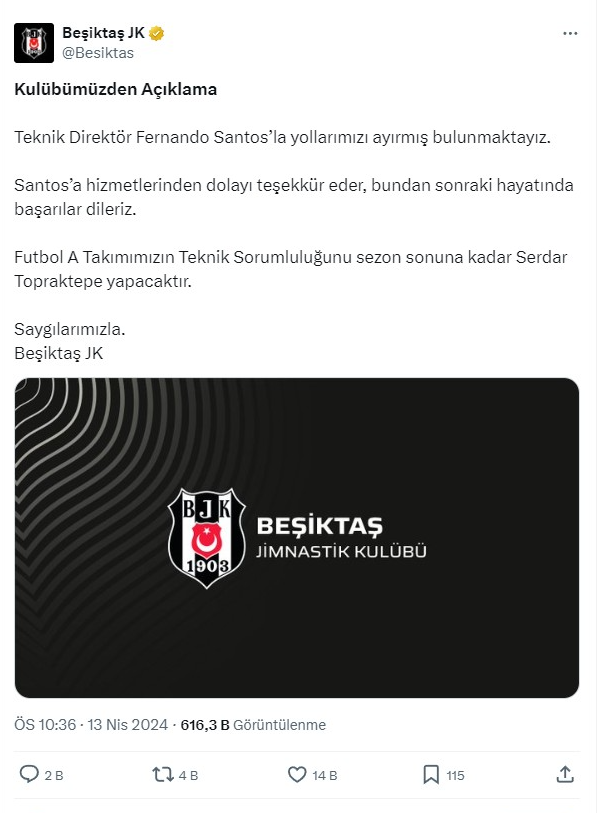 Beşiktaş Fernando Santos'un görevine son verdi