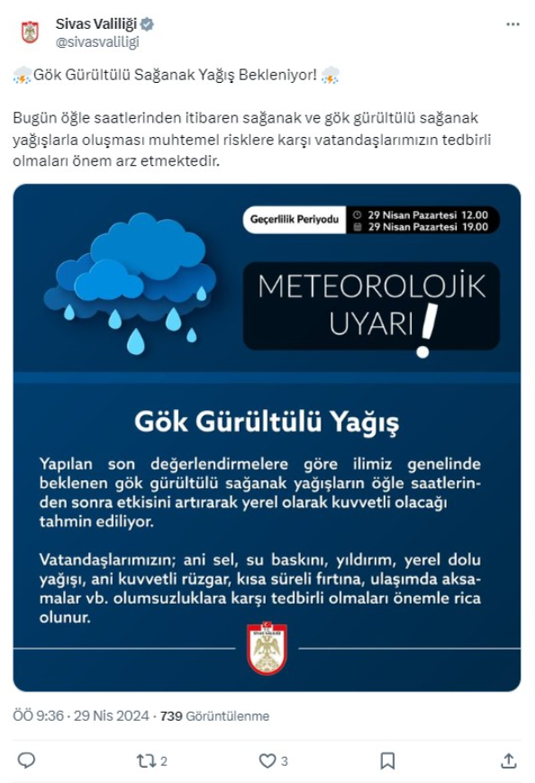 Sivas Valiliği sağanak yağmur için vatandaşları uyardı