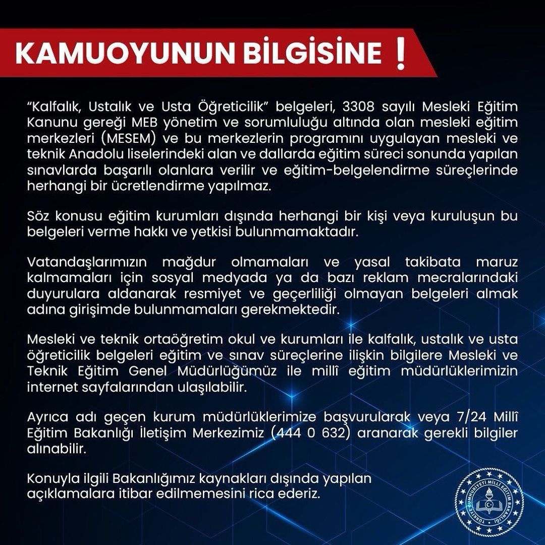 MEB Uyardı: Kalfalık Ustalık ve Usta Öğreticilik Belgesi Dolandırıcılığı!