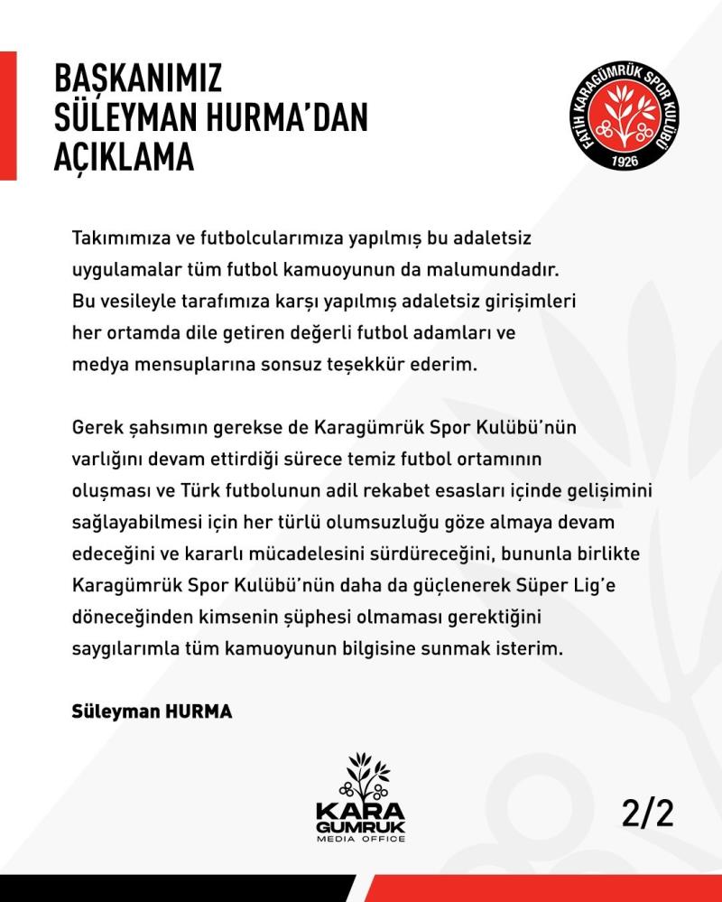 Fatih Karagümrük Başkanı Hurma: 'Süper Lig'e dönüş için kararlıyız'