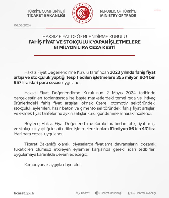 Ticaret Bakanlığı'ndan fahiş fiyata 61 milyon lira ceza