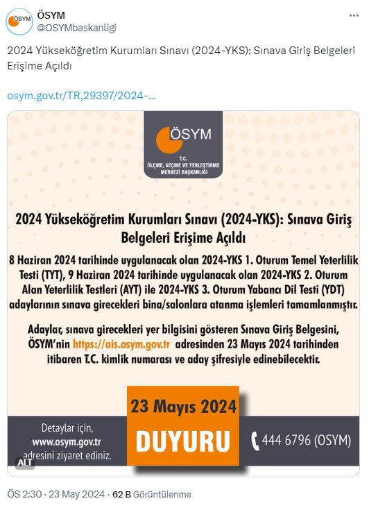 ÖSYM duyurdu! 2024-YKS sınava giriş belgeleri erişime açıldı