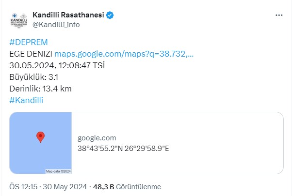 Kandilli Rasathanesi Ege Denizi Deprem