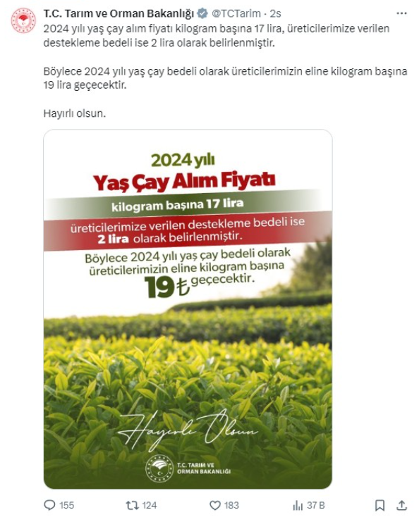 Tarım ve Orman Bakanlığı yaş çay alım fiyatını açıkladı