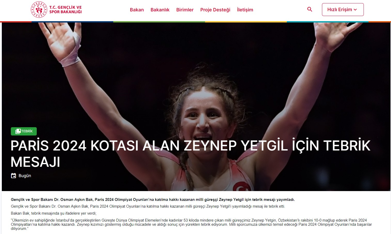 Gençlik ve Spor Bakanı Bak Zeynep Yetgil'i Paris 2024 Olimpiyat Oyunları için tebrik etti