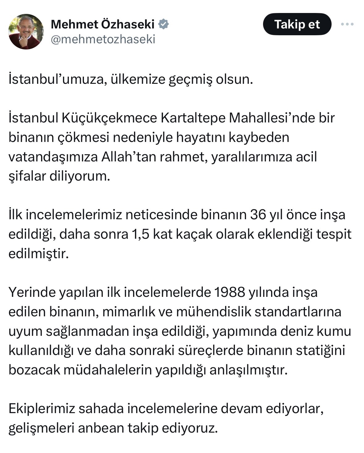 Bakan Özhaseki'den Küçükçekmece'de çöken bina ile ilgili açıklama