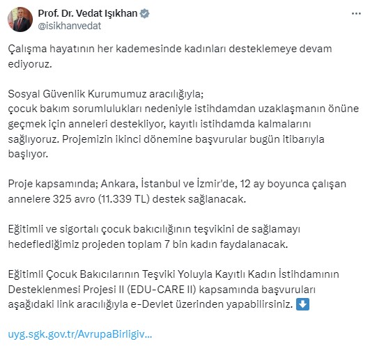 Çalışan annelere aylık 325 avro destek başvuruları başladı