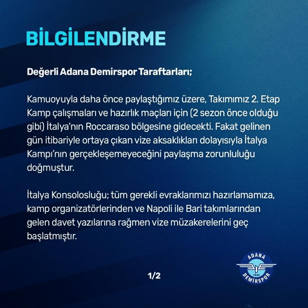 Adana Demirspor'un İtalya kampı vize engeline takıldı