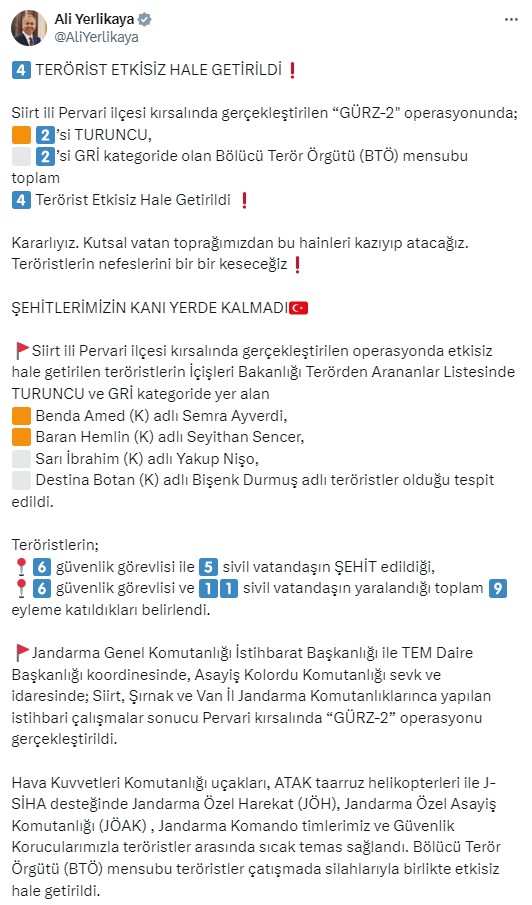 Gürz-2 Operasyonu'nda 4 ter*rist etkisiz hale getirildi