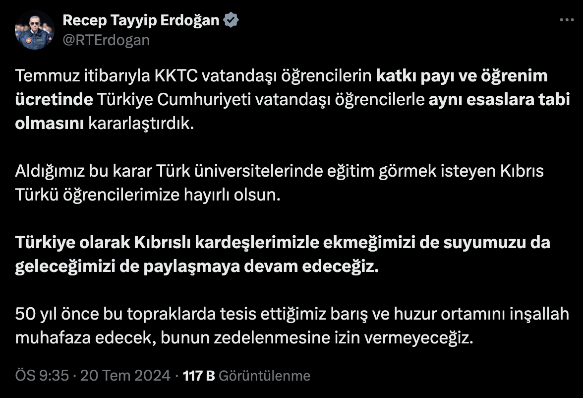 Erdoğan'dan Kıbrıslı öğrencilere müjde: Eğitim ücretleri eşitlenecek!