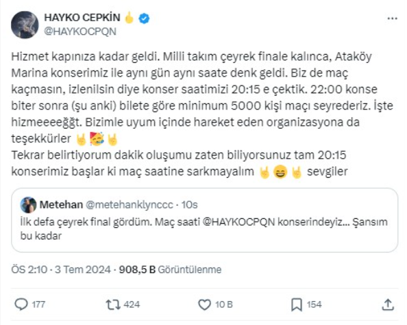 Hayko Cepkin miili maç için konser saatini değiştirdi