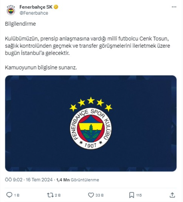 Fenerbahçe Cenk Tosun'u renklerine bağladığını açıkladı