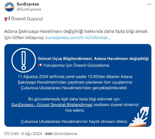 SunExpress'ten önemli Şakirpaşa Havalimanı açıklaması