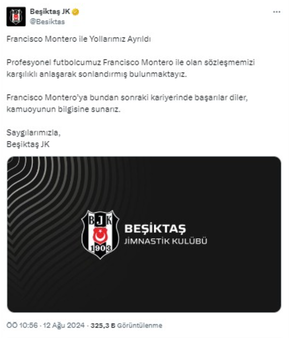 Beşiktaş Francisco Montero'nun sözleşmesini feshetti