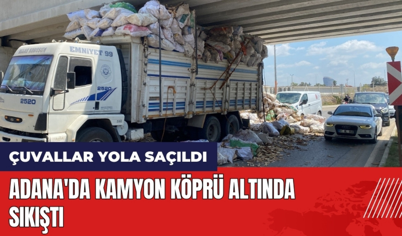 Adana'da kamyon köprü altında sıkıştı