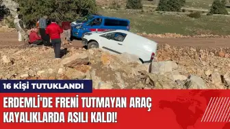 Erdemli'de freni tutmayan araç kayalıklarda asılı kaldı!