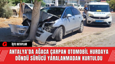 Antalya’da Ağaca Çarpan Otomobil Hurdaya Döndü Sürücü Yaralanmadan Kurtuldu