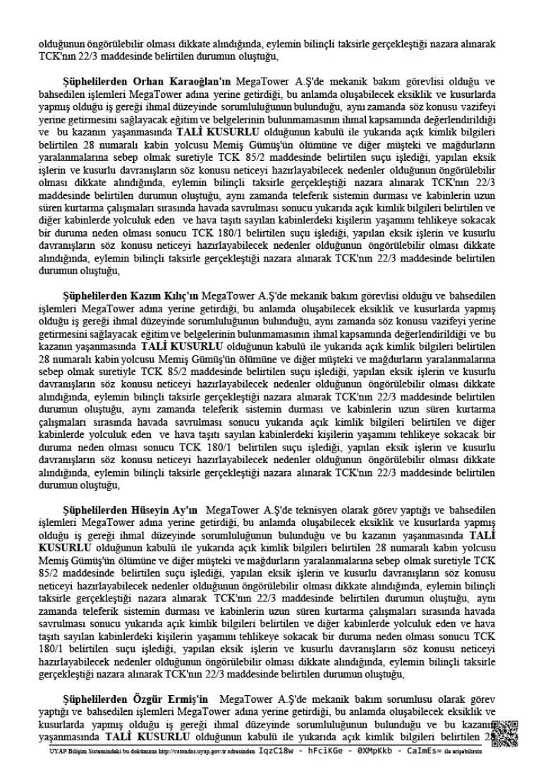 Teleferik kazasının iddianamesi tamamlandı! Mesut Kocagöz ve diğer sanıklara istenen cezalar 34