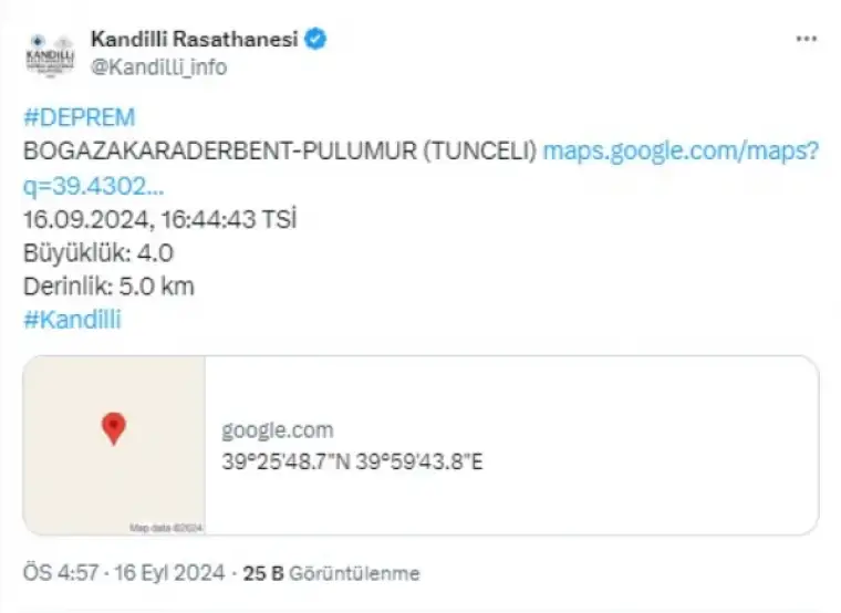 Kandilli Açıkladı: Tunceli'de Deprem Oldu!