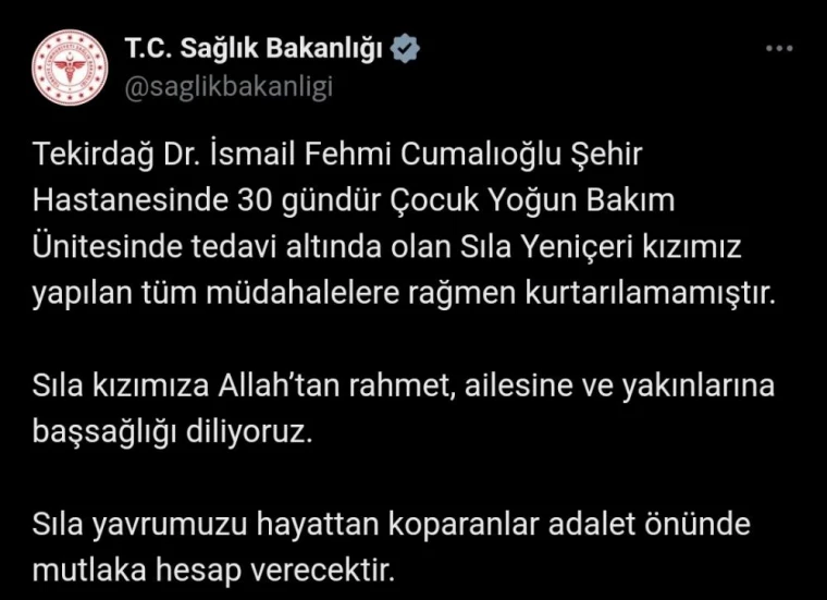 Sağlık Bakanlığı'ndan Sıla Bebeğin Öl*müne İlişkin Açıklama